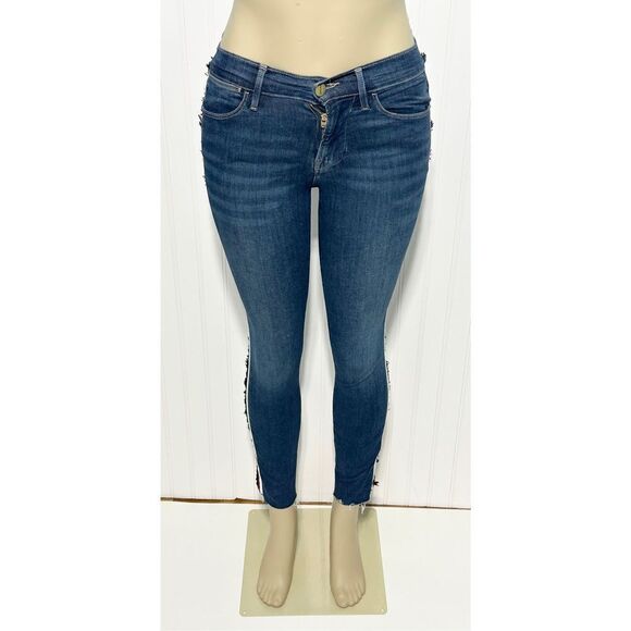 Frame Le High Skinny Multi Tape Stripe Skinny Jeans Raw Hem Dark Wash Size 24 - Picture 2 of 13